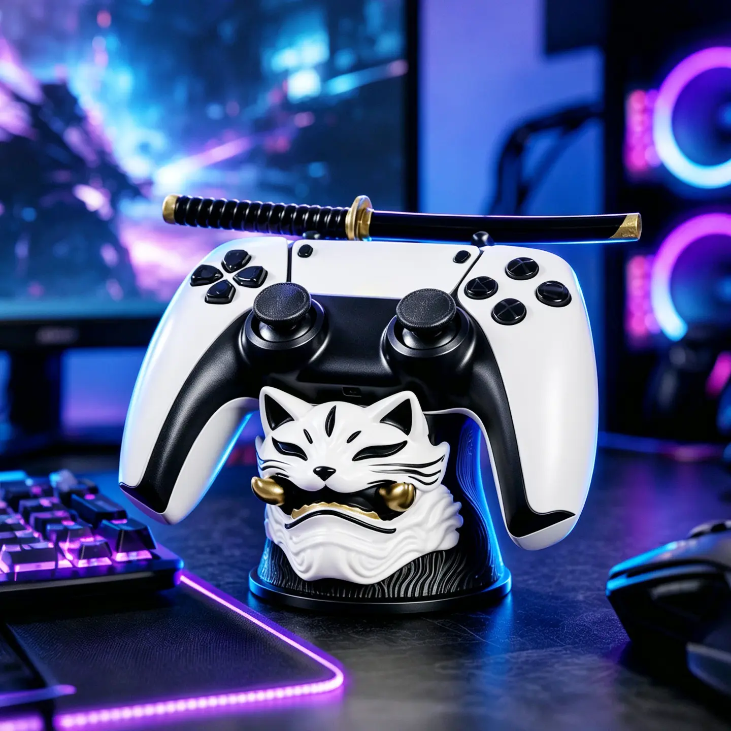 Japanese Cat-Shaped Resin Game Controller Stand - Anime-Style Headset & Joystick Holder for PS5, Xbox, Switch Consoles, Gamer Desktop Decoration with RGB Lights, Grip, Portable Design, HDMI Output, Pastel Finish
