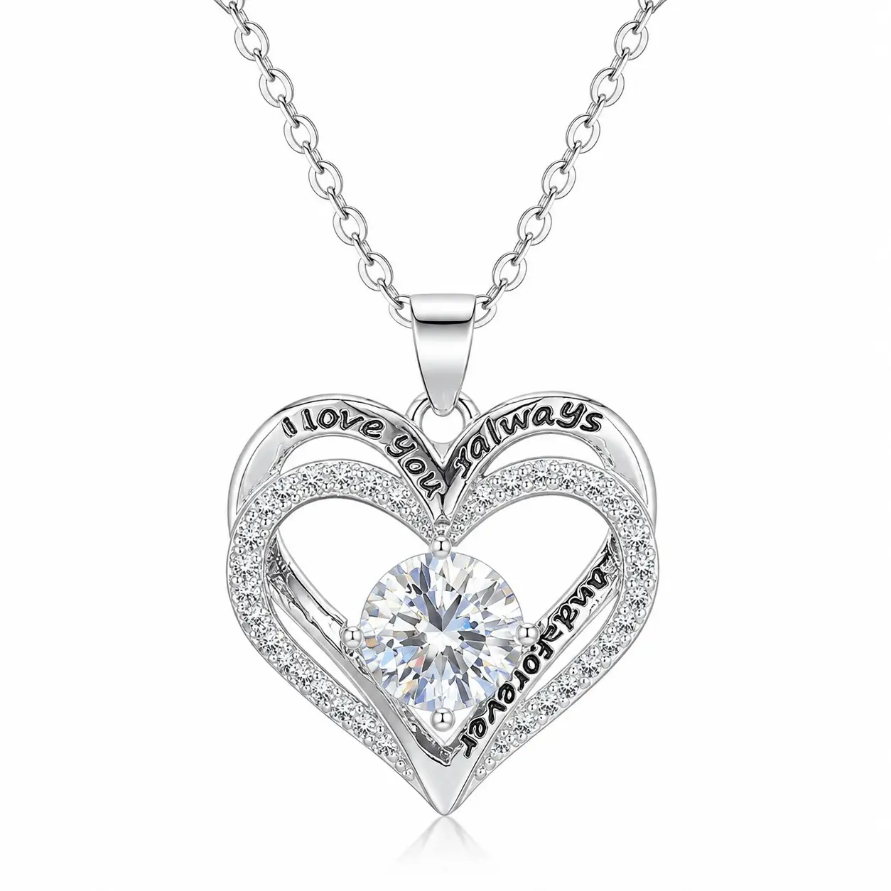 [Sterling Silver Heart Necklace] S925 Sterling Silver Infinity Heart Pendant Necklace - Engraved I Love You Forever Letter Cubic Synthetic Zirconia Center Stone Chain Neck Jewelry for Women - Romantic Love Promise Accessory - Valentine's Day Annivers