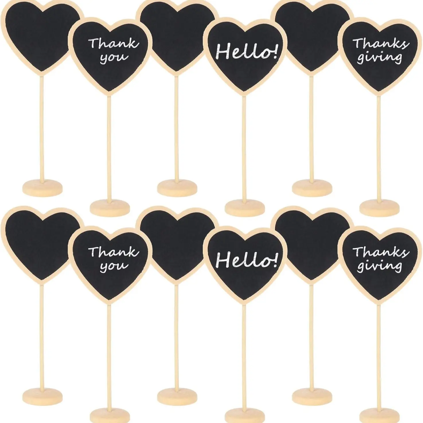 12pcs Mini Heart Chalkboards with Stand, Wooden Message Boards for Weddings, Birthdays, Table Numbers, Food Signs, Event Decorations