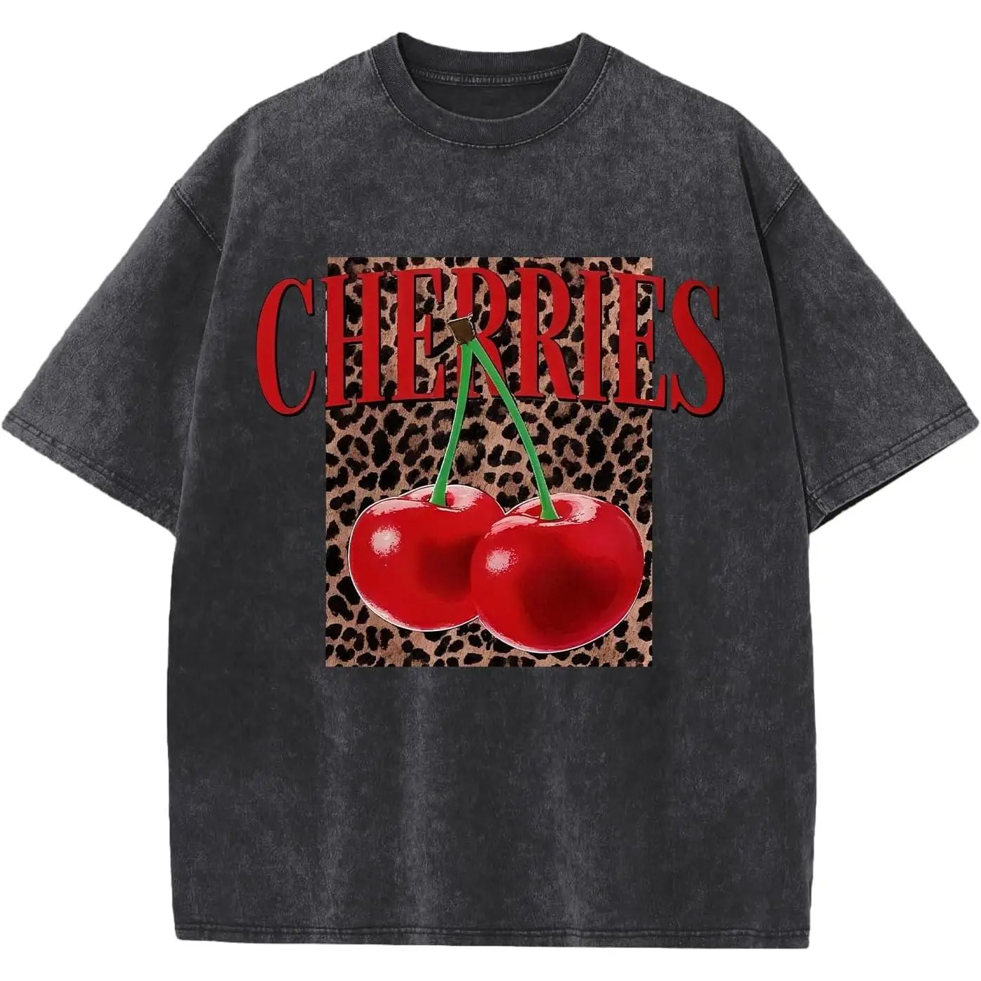 Red Cherries Graphic Tee Vintage Washed Cotton Tshirt Leopard Print Y2K Aesthetic Sarcastic Streetwear Oversized T Shirt Women Short Sleeve Crewneck Top Western Animal Print Birthday Gift Men Unisex Loose Casual Top