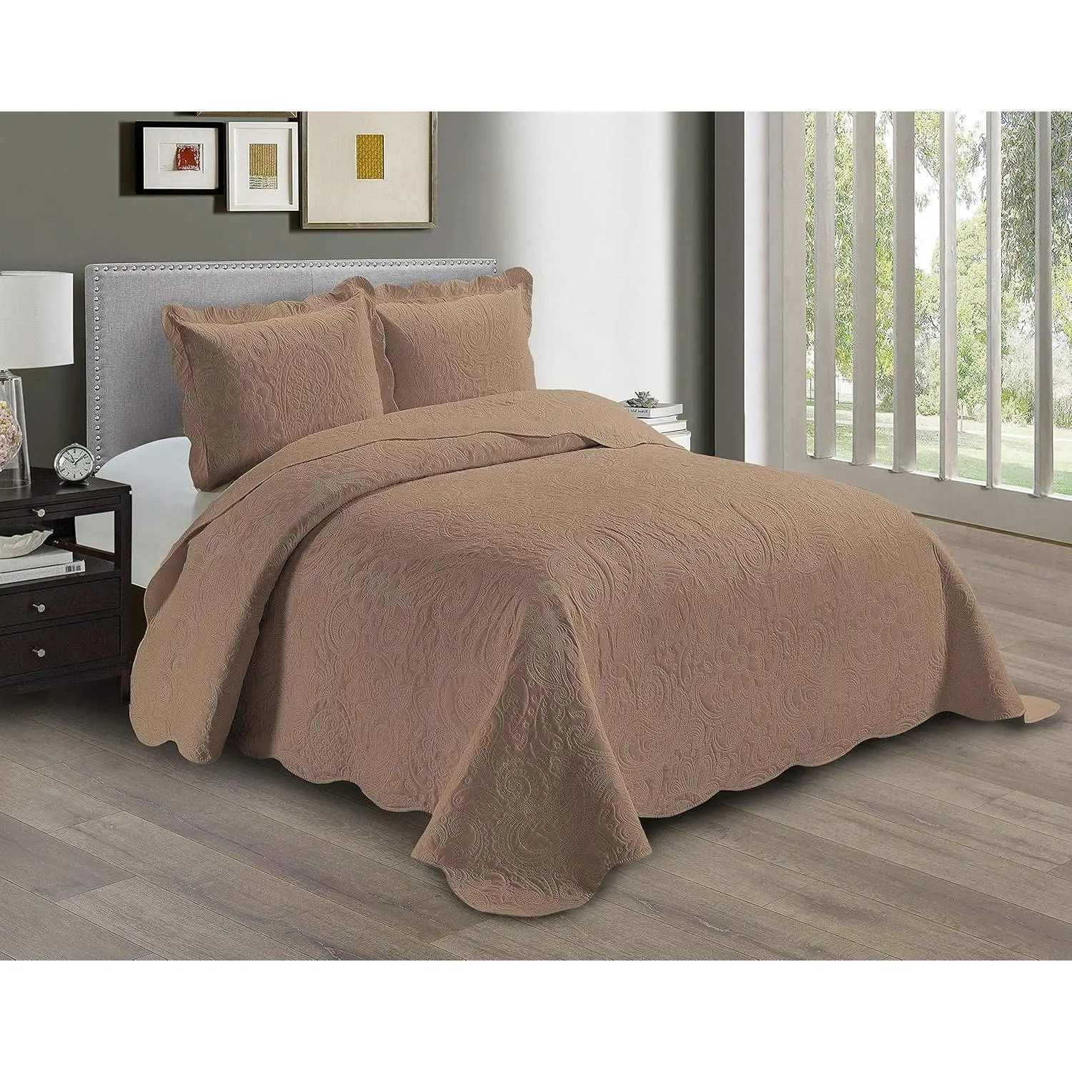 Embossed Coverlet Bedspread Set Oversized Solid Taupe King/California King Bed Cover Bedding New