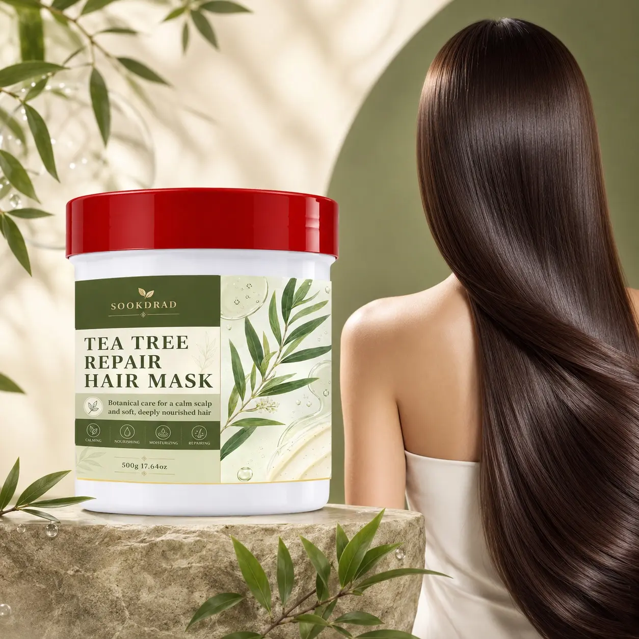 Tea Tree Repair Hair Mask, contains Tea Tree, Calming, Nourishing, Moisturizing, Repairing, for scalp and hair care, suitable for all hair types, 500g/17.64oz