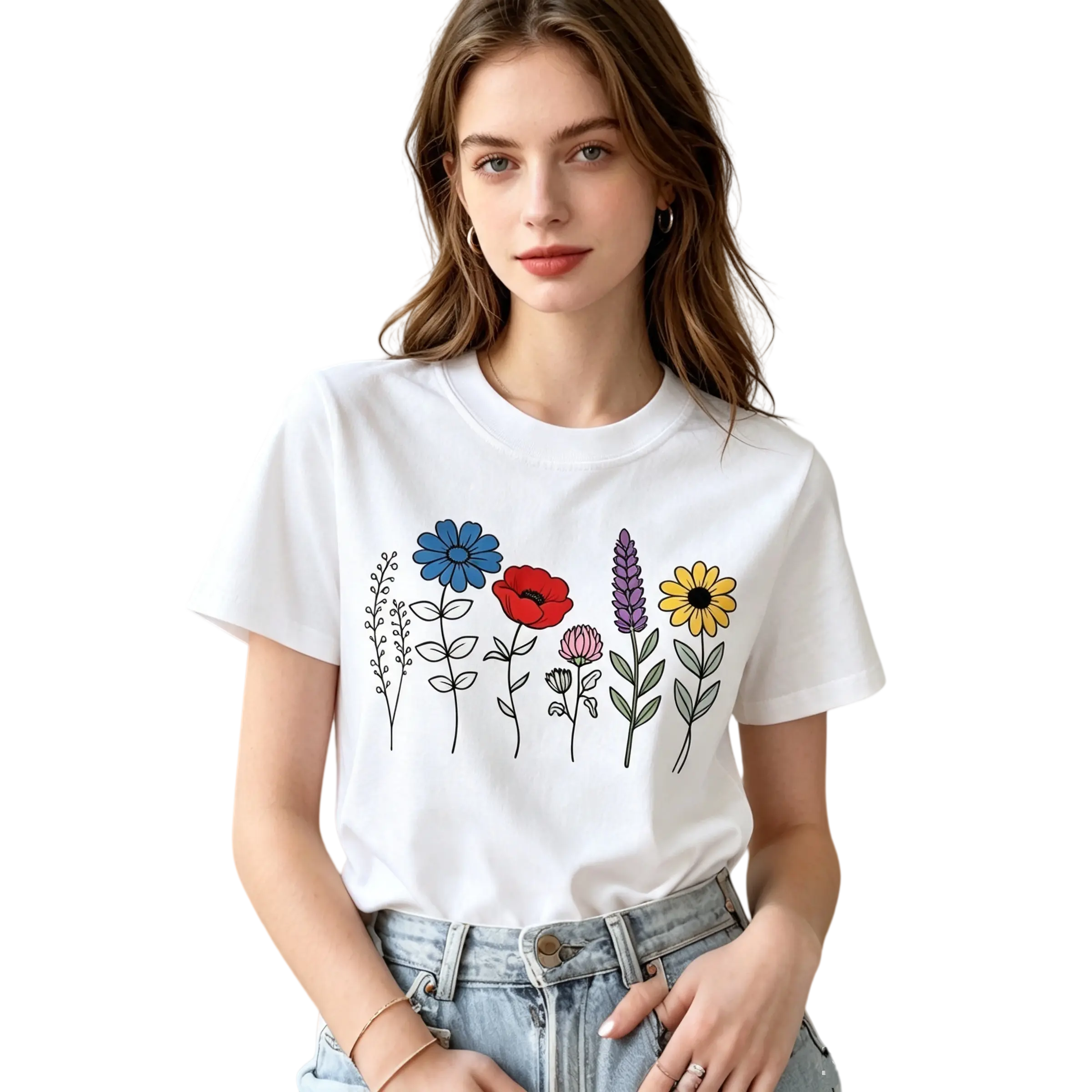 Cottagecore Daisy Graphic T-Shirt for Women, 100% Cotton Botanical Trendy Shirts, Soft Breathable Tops for Spring, Women's Clothes