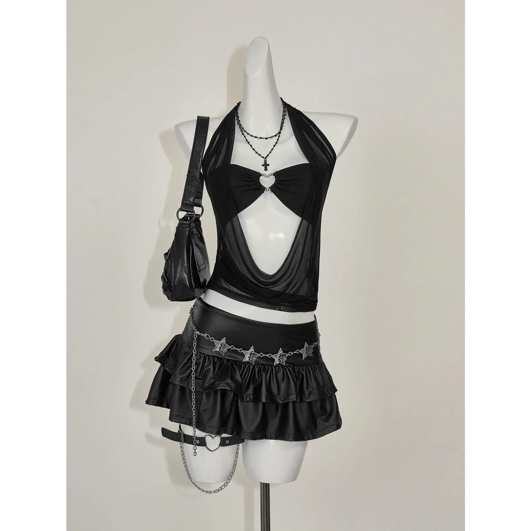 Mesh Halter Crop Top Backless Cowl Neck Ruched Y2K Going Out Party Rave Concert Tops