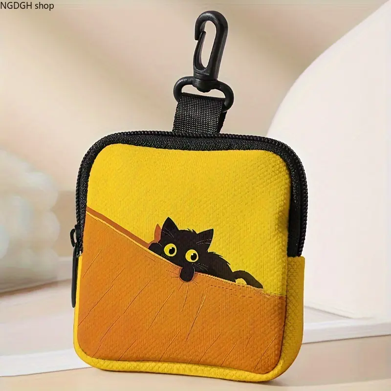 Coin Purse - Cute Cat Keychain Mini Pouch Yellow Orange Small Bag with Carabiner for Women Girls Everyday Use