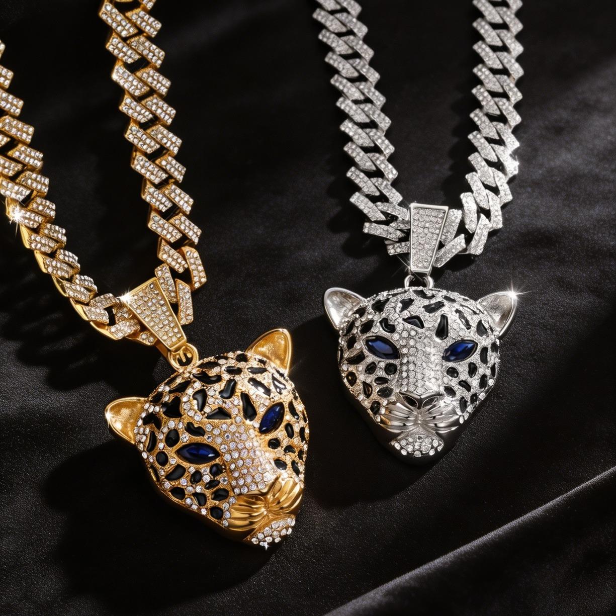 Black Panther Blue Eye Leopard Head Necklace VVS Moissanite Iced Out Cuban Chain Hip Hop Streetwear Jewelry for Men Dominant Style Gift