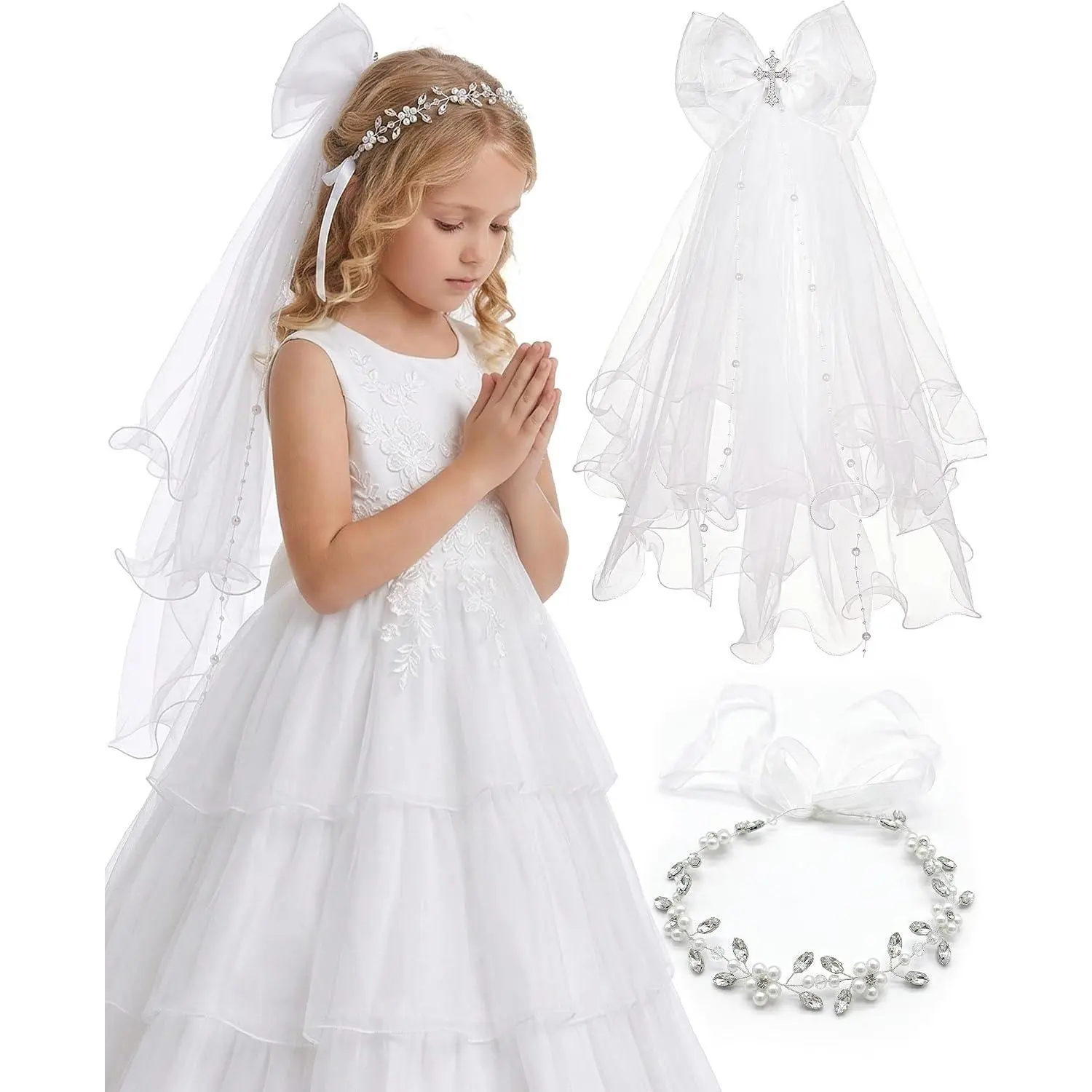 First Communion Veil Set, White Bow Veil Headpiece Gloves Sock Accessories, Catholic 1st Communion Gifts for Girls