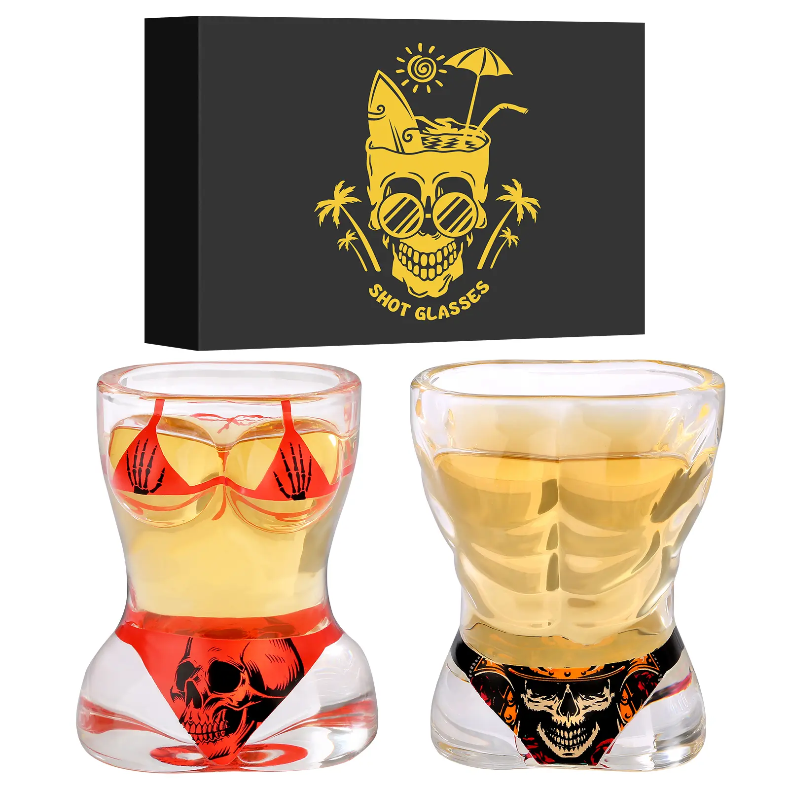 2 Pcs Shot Glass Set, Skull Pattern Novelty Shot Cups with Gift Box, Funny Party Glassware for Whiskey Tequila Bachelor Party, Christmas Gift, Halloween Gift, Birthday Gift, Drinkware