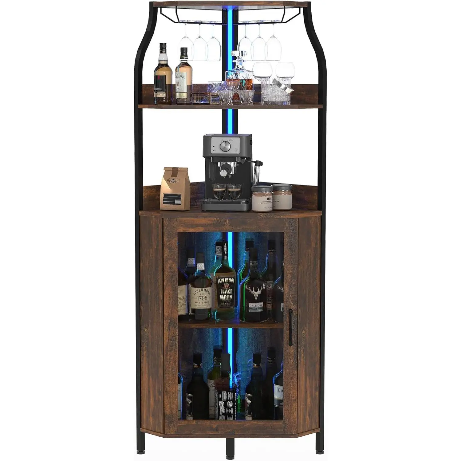 Corner Bar Cabinet with LED Lights and Outlet, Freestanding Wine Rack with Glass Door, Detachable Wine Holder Included, Space Saving Corner Unit for Dining Room or Living Room