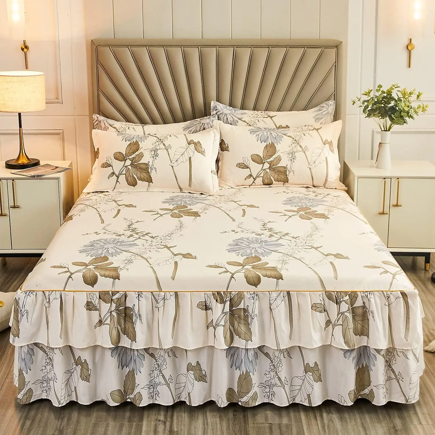 Blossom Floral Bed Sheet Flowers Print Fitted Sheet 3 Side Coverage 14 Inch Drop Dust Ruffle Botanical Bed Skirt 3 Piece 1 Falt Sheet & 2 Pillowcases (Queen)