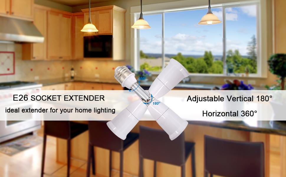 E26/E27 Light Socket Extender  2pack, 4.5 Inch Extension Socket Extender Adapter, Adjustable Vertical 180°Horizontal 360°, Flexible Medium Light Bulb Socket Converter