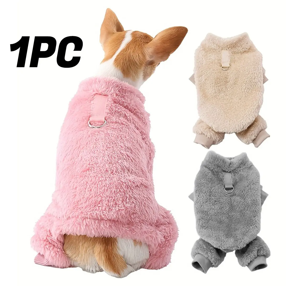 Winter Thick Coral Fleece Pet 4 Leg Jumpsuit, Cozy Full Coverage High Collar Dog Onesie Dachshund Clothes with Traction D-Ring, 3 Colors Available, Warm Cold Proof Pajamas for Teddy Chihuahua Small Puppies Kittens Indoor Walking