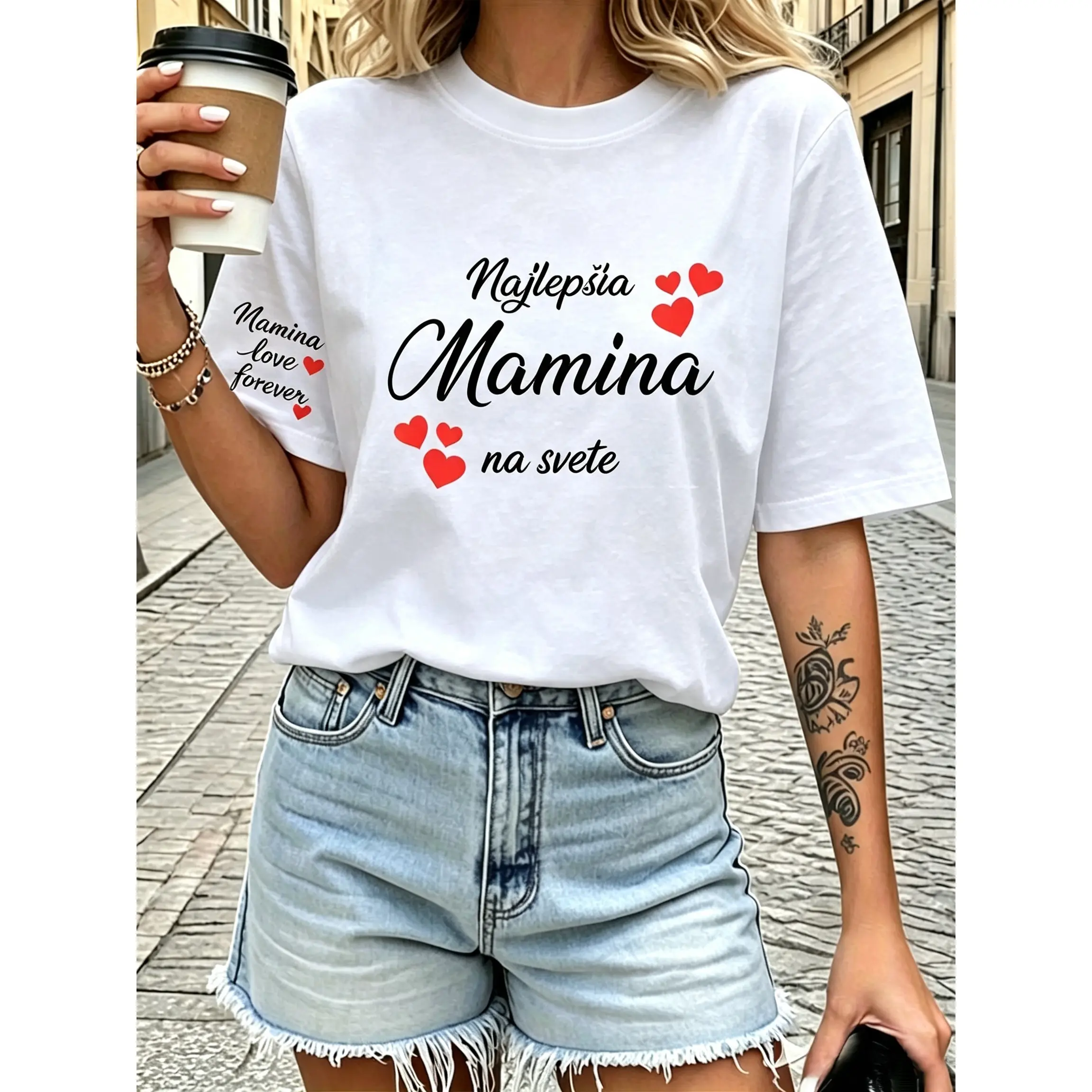 Slovak World'S Best Mom Letter Print Women'S T-shirt| Short Sleeve Crew Neck Casual Top for Spring/Summer, Foreign Script Najlepšia Mamina Love Forever Red Heart Sentimental Mom Mother’s Day Graphic Tee,shirts women