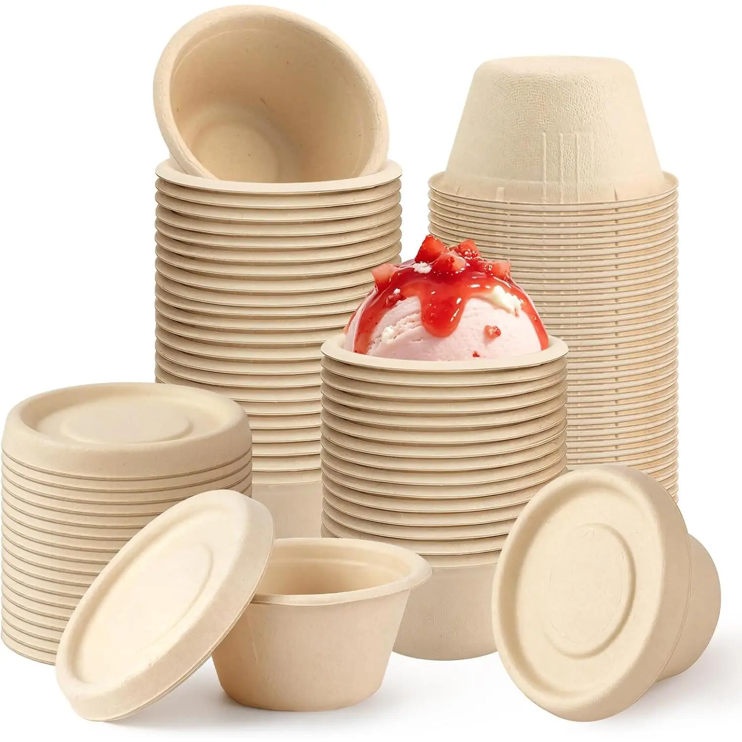 50 Sets 2 oz  Bagasse Fiber Condiment Cups with , Brown | Compostable Sauce Condiment Containers,Disposable Paper Dishes,Serving Sample Cups for Snack Tasting Charcuterie