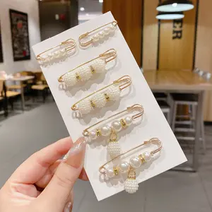 5 Counts Pearl Brooch Pins, Faux Pearl Clothing Dresses Decoration, No Sewing Sweater Shawl Safety Pins Cardigan Collar Safety Pins for Women Pant Tightener, Mixed Style Assortment