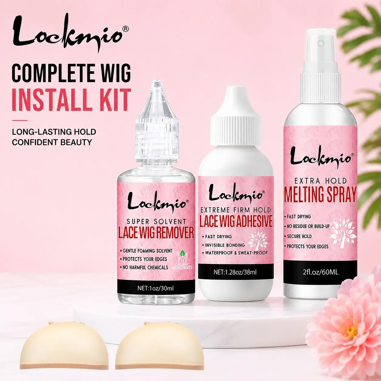 5pcs Wig Glue Set with Lace Wig Cap Including wig glue, wig glue spray and wig glue remover serves as adhesive for fixing lace wigs and hair replacements, and the lace wig remover can quickly wipe off residual wig glue Wig Maintenance Kit