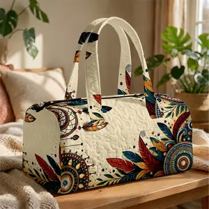 Boho Quilted Weekender Bag for Women, Feather Mandala Duffel Bag, Large Capacity Travel Tote, Lightweight Overnight Carry On Bag