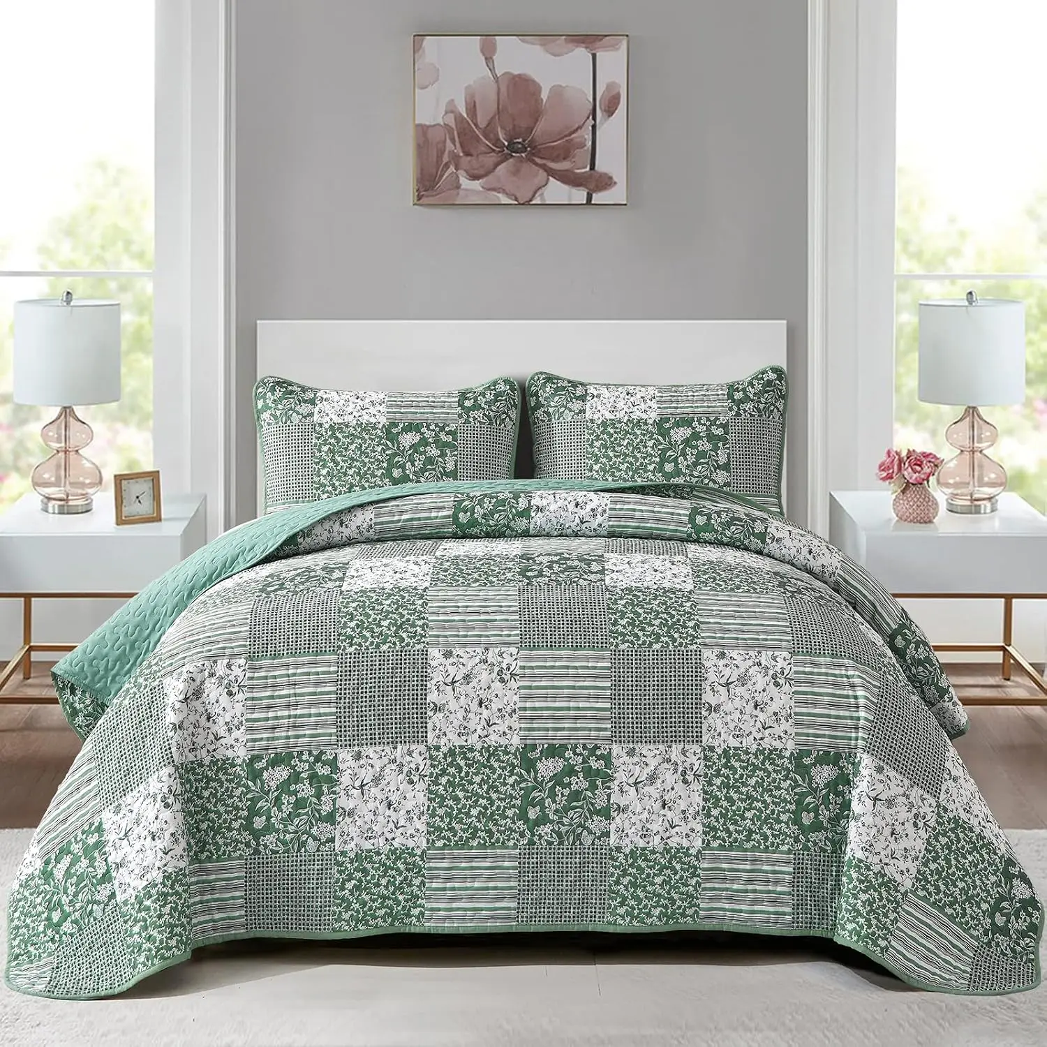 Boho King Size, Patchwork Floral Bedding Set, Green| Soft Lightweight Microfiber Coverlet Set, 3 Pieces Reversible Bedspread, Bed Sets for All 90"x110"