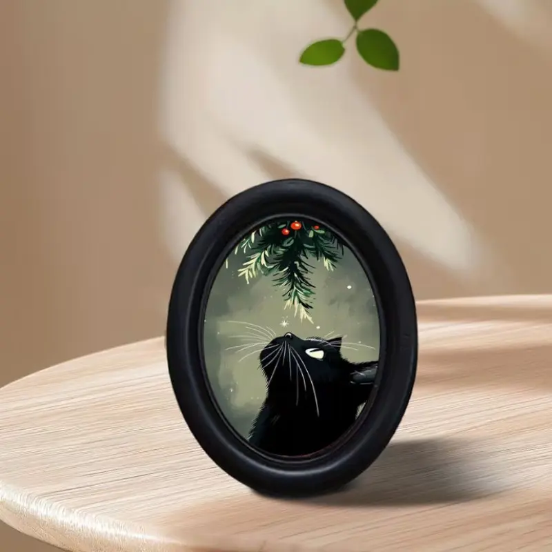 Vintage Cat Christmas Frame, Elliptical Photo Frame, Winter Holiday Decor, Creative Wall Desk Decoration, Home Festival Atmosphere