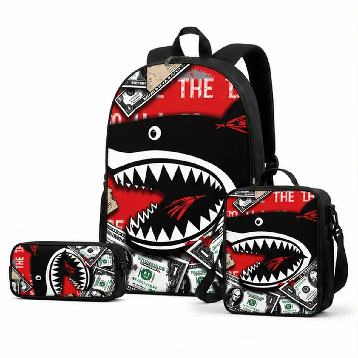 Back to school,Red Shark Mouth 3-Piece Backpack Set, Street Art Money Collage School Bookbag with Matching Lunch Bag and Pencil Case, Graffiti Backpack for Kids Teens, Travel Gift, Urban Art Daypack Gift