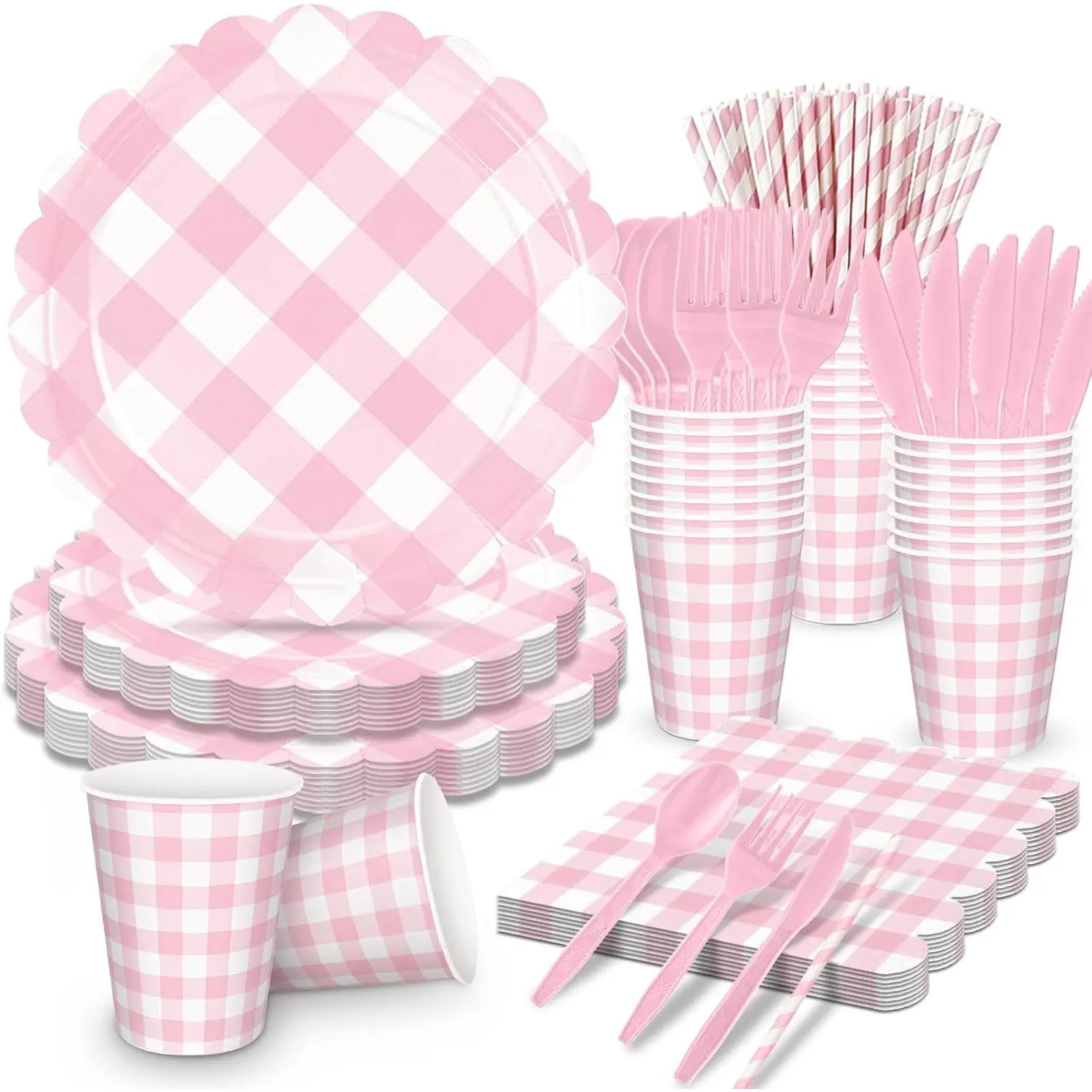 192 PCS Gingham Party Supplies Serve 24 Guests Gingham Plates and Napkins and Cups for Birthday Decorations Baby Shower Checkered Party Supplies Dinnerware Sets for Girl Boy (Pink2)