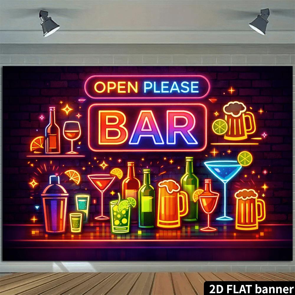 2D Flat Neon Bar Themed Backdrop with "OPEN PLEASE BAR" Style, Featuring Bartender Tools, Beer Mugs, and Cocktail Elements. Made of Durable, No Power Supply Needed. Suitable for Bar Decor, Party Setup, and P
