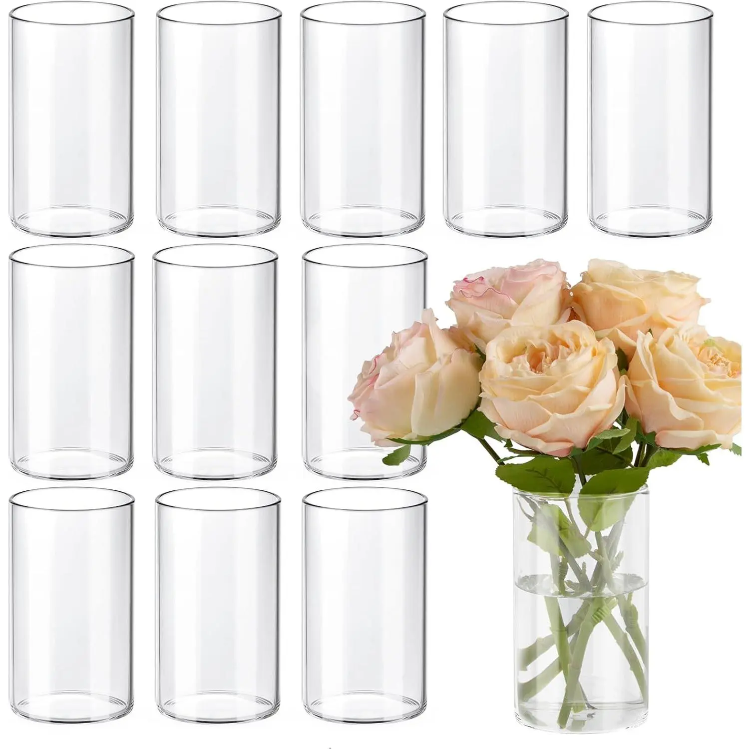 12pcs Glass Cylinder Vases for Centerpieces, 6 Inch Clear Flower Vases for Wedding Decorations and Indoor Home Decor, Hurricane Candle Holder for Table Shelf, Party