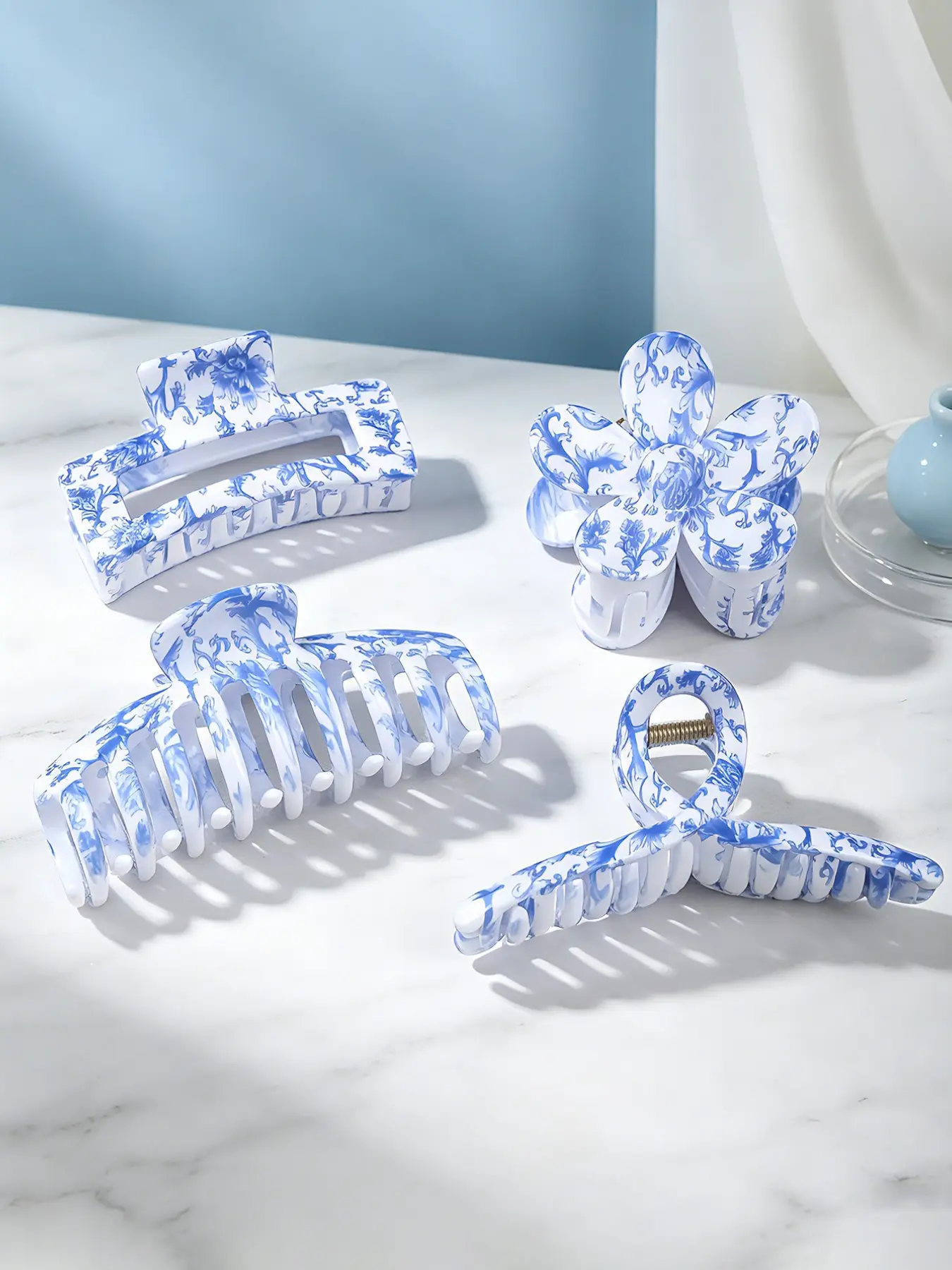 4pcs Elegant Blue & Porcelain Print Square Dragon Bone Hair Claw Clips, High-End Floral Design, Ideal for Thick Hair