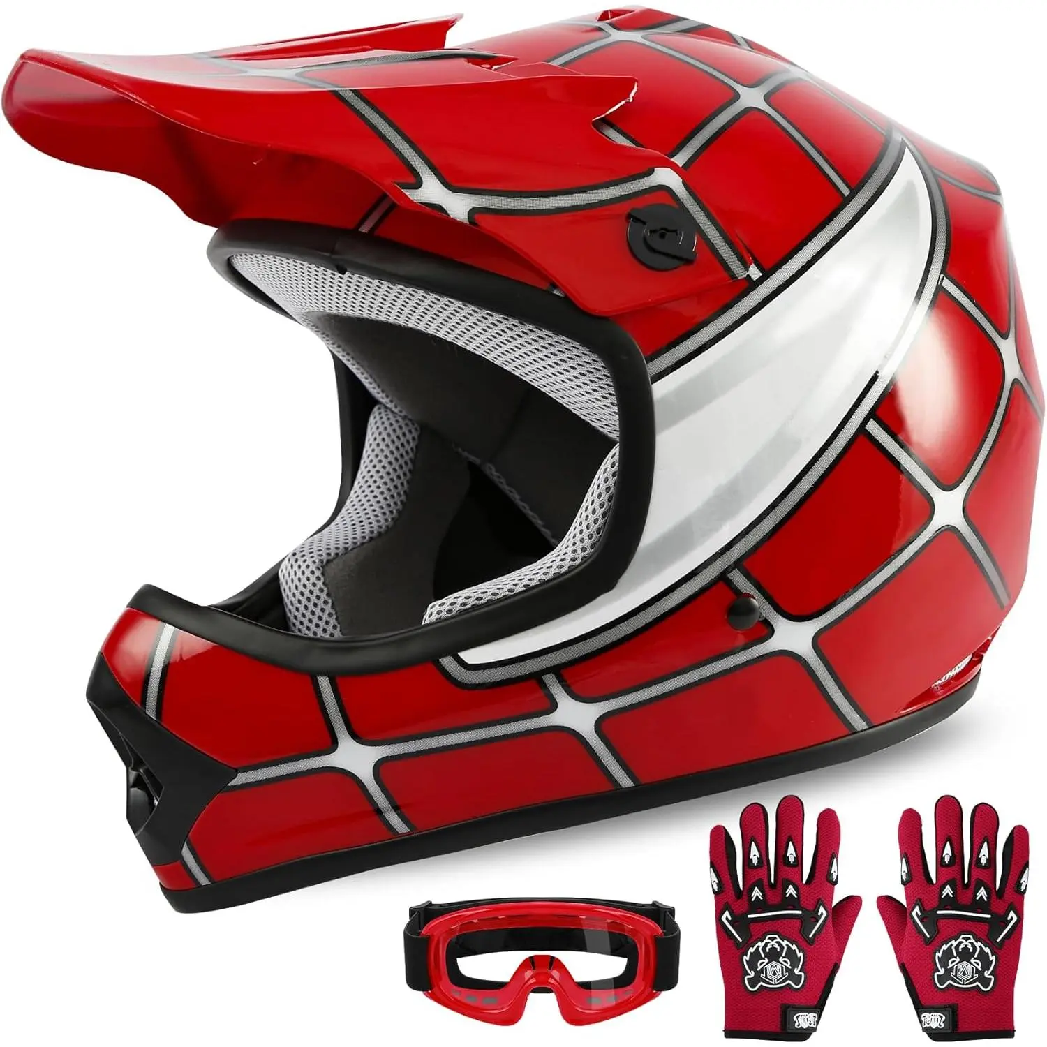 Youth Kids Motocross Offroad Street Dirt Bike Helmet Goggles Gloves Atv Mx Helmet Red Spider S