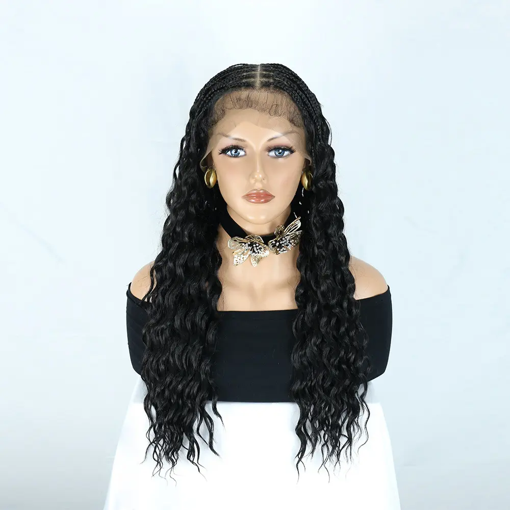 360 hand-woven, braided dreadlock wig, knotless braided wig, curly hair Fashion Full Lace Long Bohemian Box Braids Wig, Bohemian Box Braids Wig, Handmade Knotless Braided Wavy Style Headband Wig natural-looking scalp