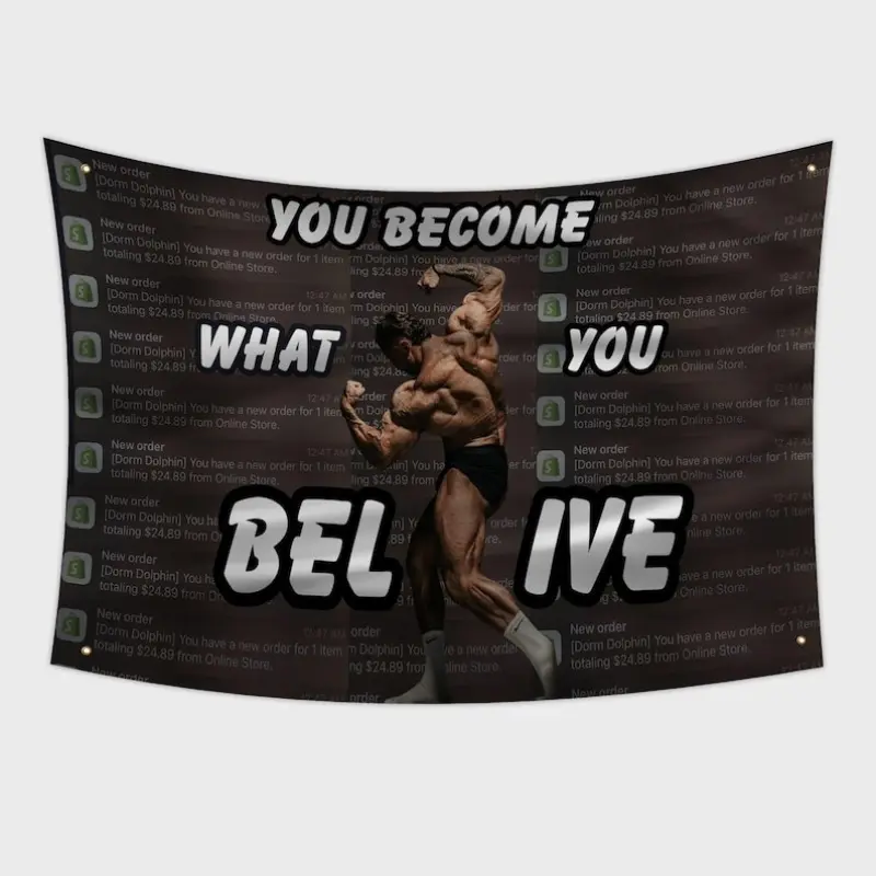 2D Flat - 2D Flat - 2D Flat 1pc Gym Motivation Banner - "You Become What You Believe" Bodybuilding Flag with Muscular Silhouette Design, Durable Fabric Indoor/Outdoor Decor for Home Gym, Dorm, Or Training Space, Gym Additions