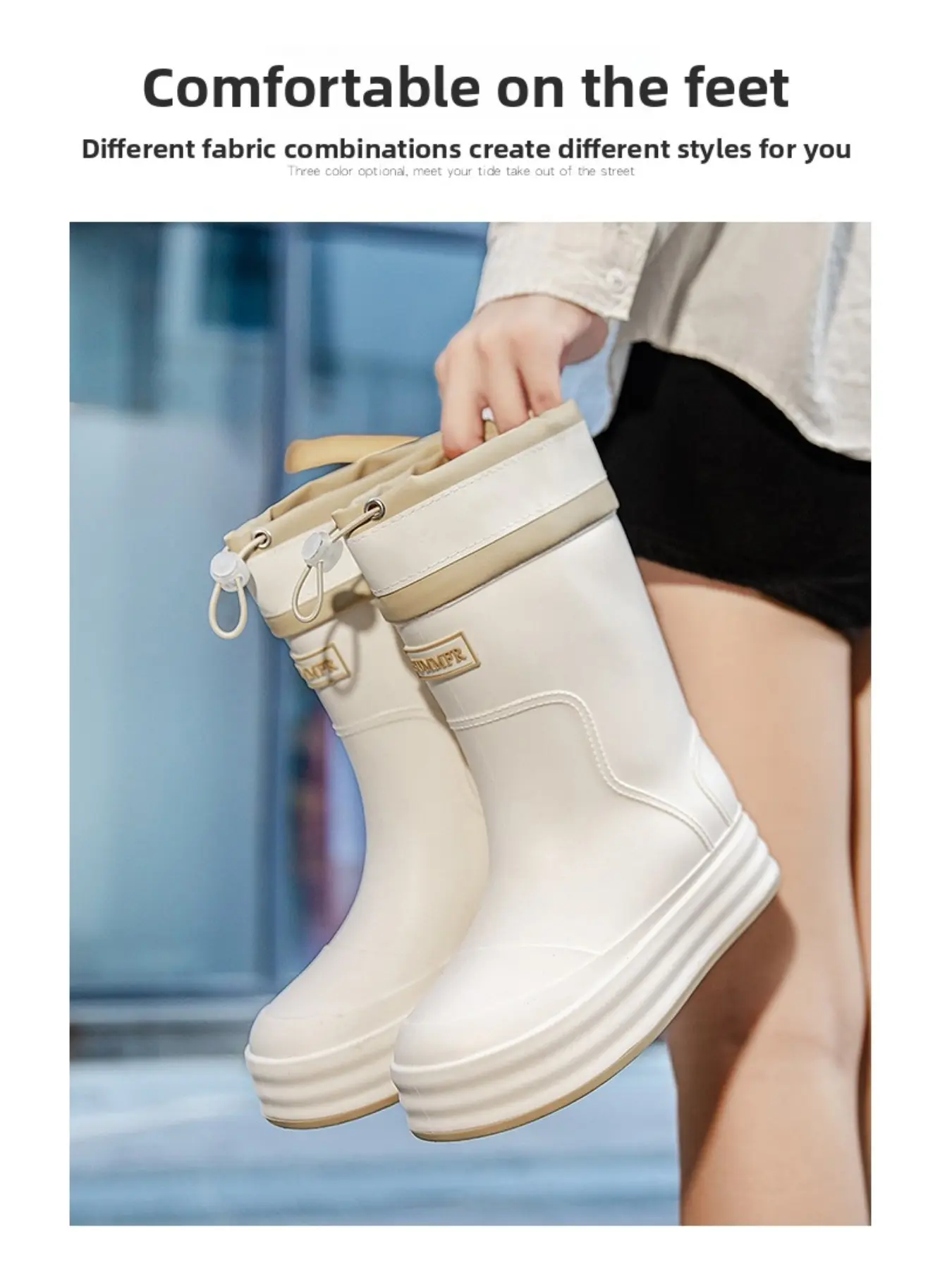 Women's Fleece Lined Mid Calf Rain Boots, Drawstring Cuff Waterproof Platform Rubber Boots, Non-Slip Thick Sole Warm Winter Rain Footwear