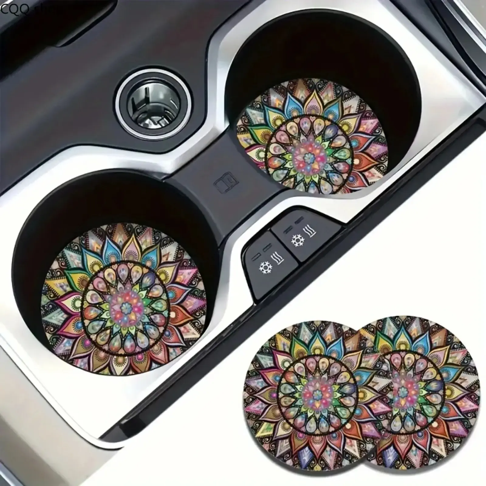 2Pcs Bohemian Mandala Flower Car Coasters, Colorful Floral Non-Slip Silicone Cup Holder Mat, Universal Aesthetic Vehicle Interior Accessories, Yoga Zen Gift for Women