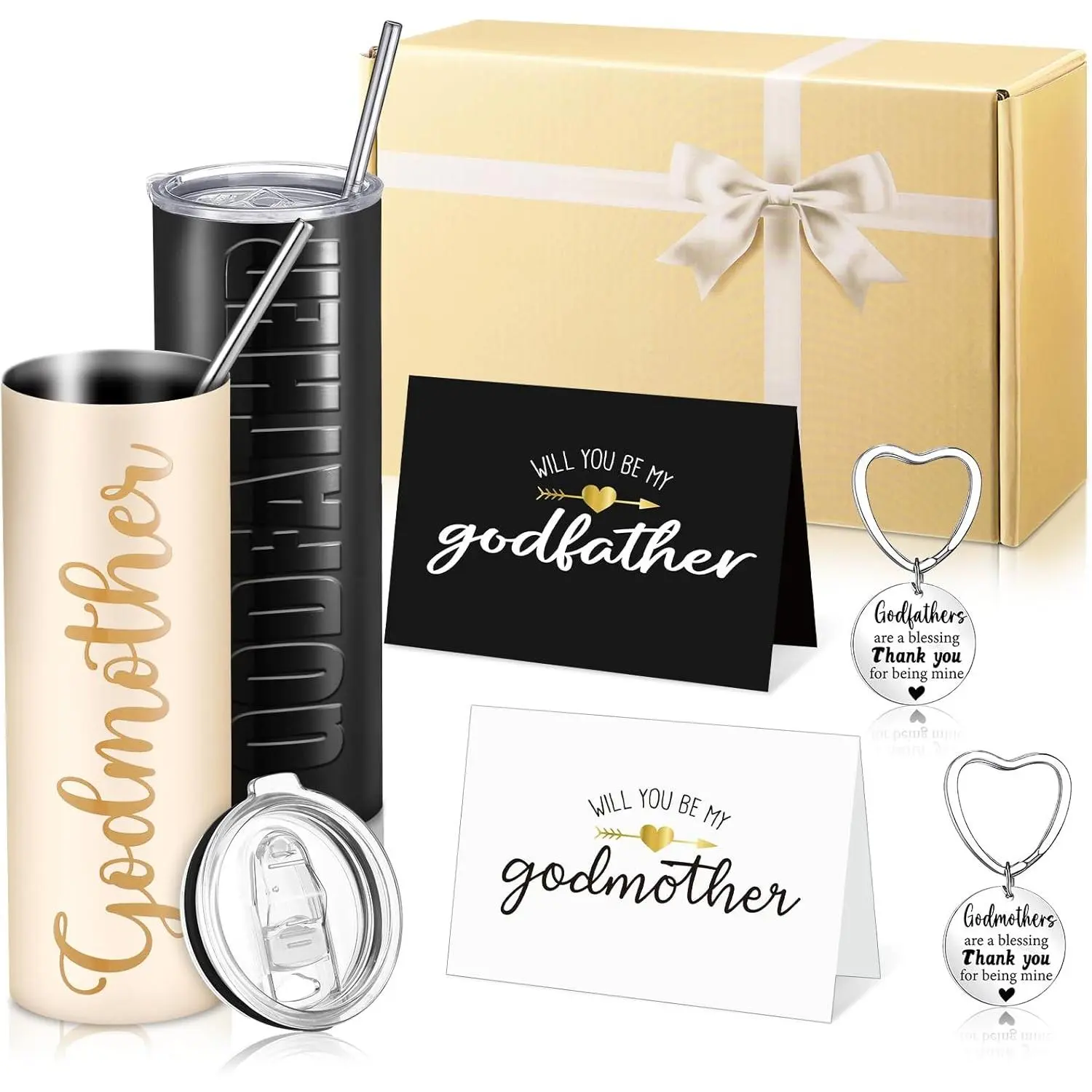 Mimorou 7 Pcs Fathers Day Godparents Proposal Gift Set Will You Be My Godparents from Godchild Godmother Godfather Gift with Tumbler Keychains Cards Box for Birthday Baptism (Champagne Black)
