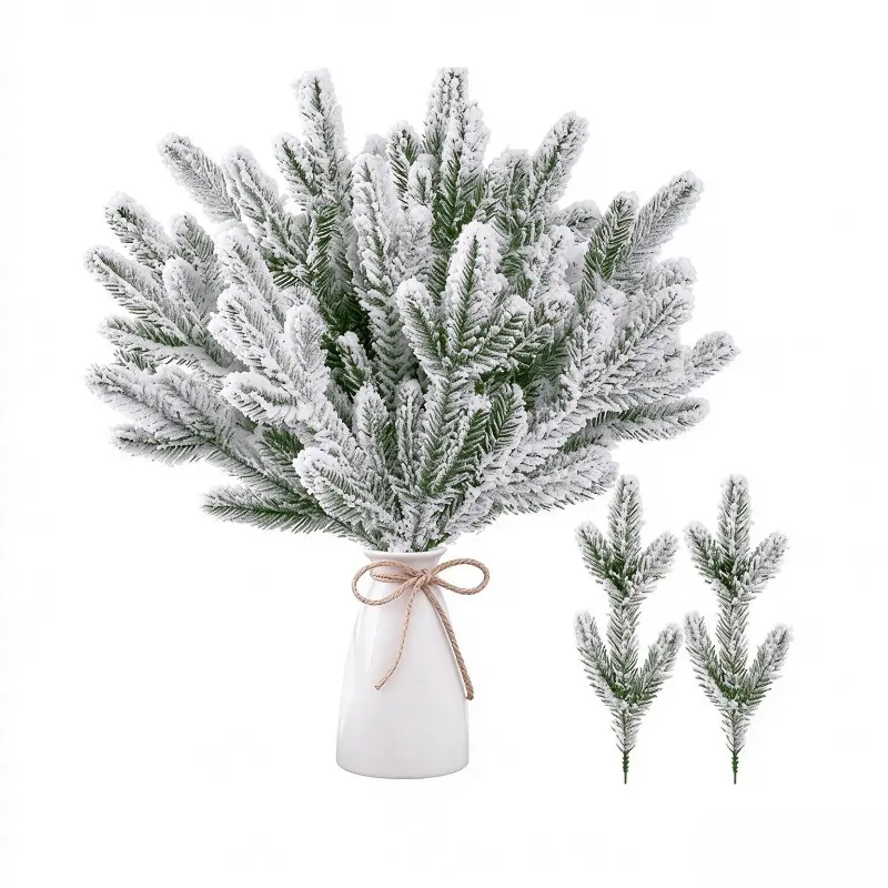 50 Pack Artificial Snow Flocked 5-Tip Pine Branches, Faux Cedar Pine Needle Sprigs, Lifelike Frosted Greenery Picks, Bulk Christmas Craft Supplies, Bendable Stems for Wreath & Garland DIY, Vase Not Included