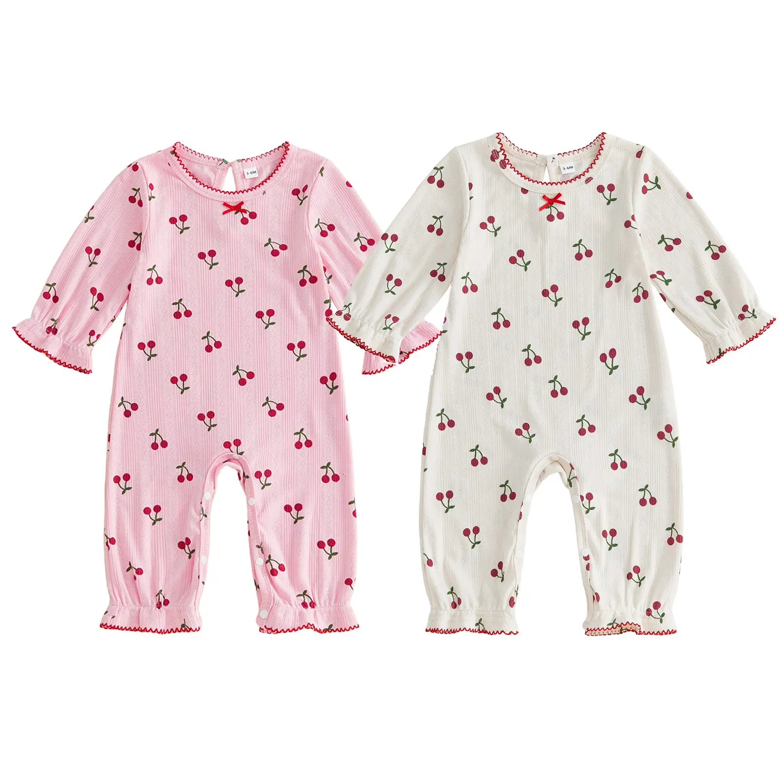 Baby Girls Crew Neck Long Sleeve Cherry Print Jumpsuit - Polyester, Elastane, Viscose Fall Winter Casual Daily Romper Clothes for 0-12 Months