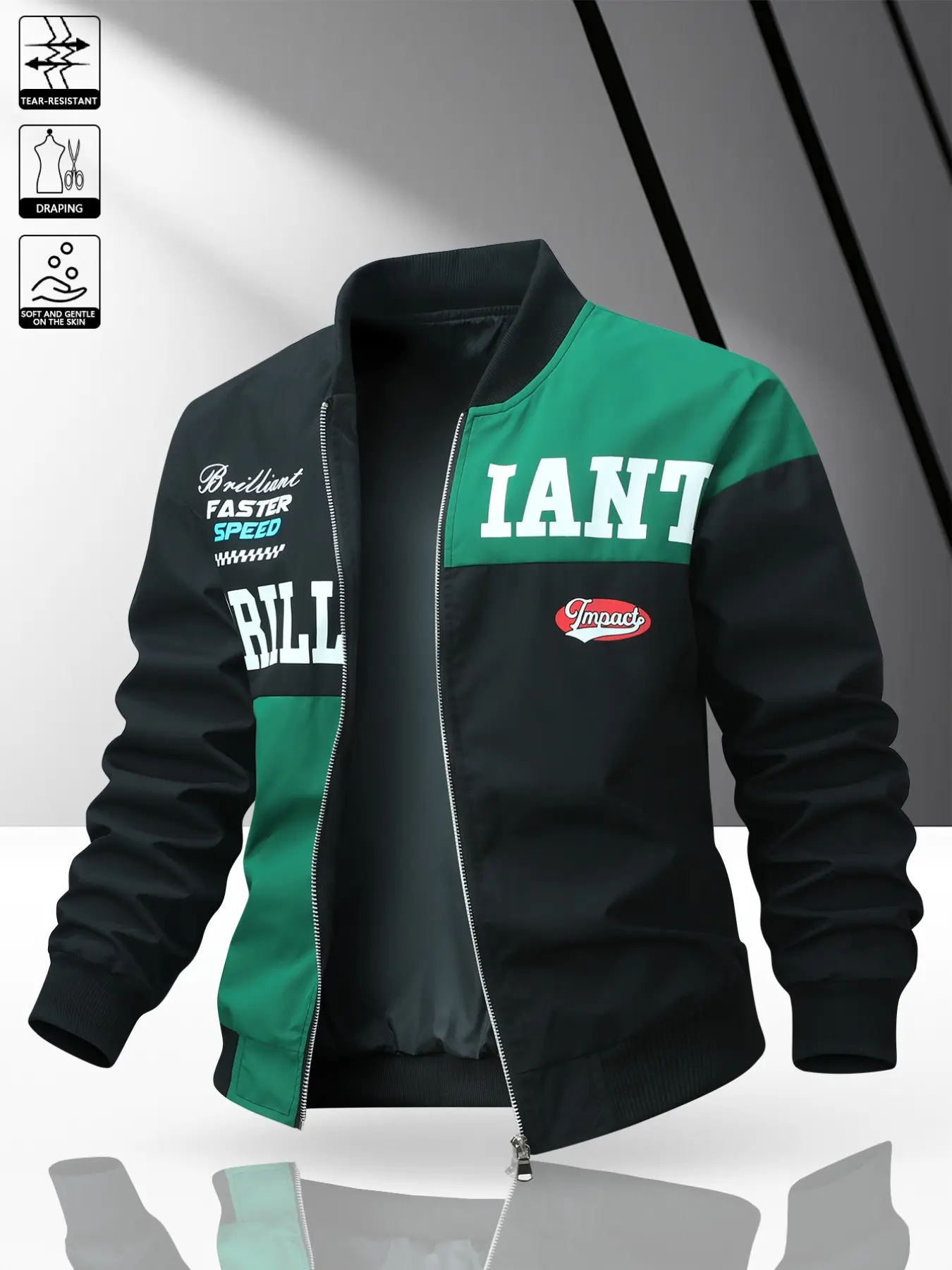 Men's Colorblock Baseball Collar Letter Print Jacket, Trendy Zipper Casual Motorcycle Coat, Long Sleeve Loose-Fit Flying Jacket, Casual Jackets