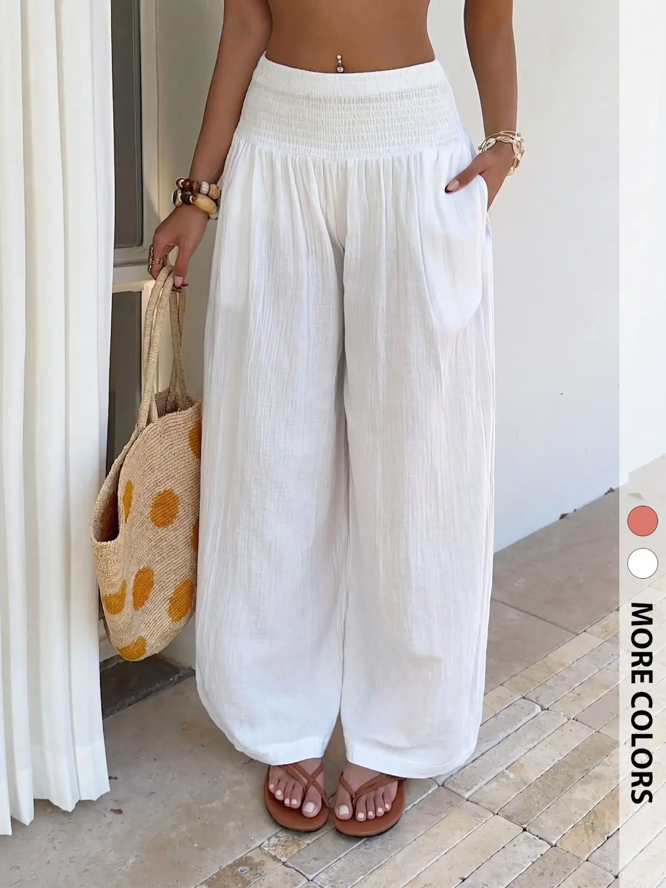 Summer Vacation Vibe: Airy Coral Wide-Leg Pants for Effortless French Resort Style ☀️ #beachwear #resortstyle #widelegpants