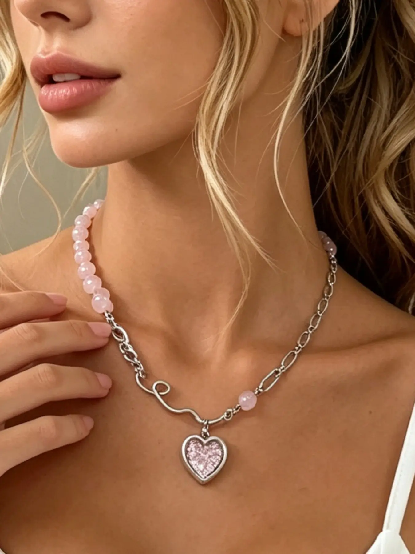 Crystal Beaded Metal Chain Necklace for Women, Sweet Glitter Heart Pendant, Unique Lockbone Choker, Girl Style Jewelry