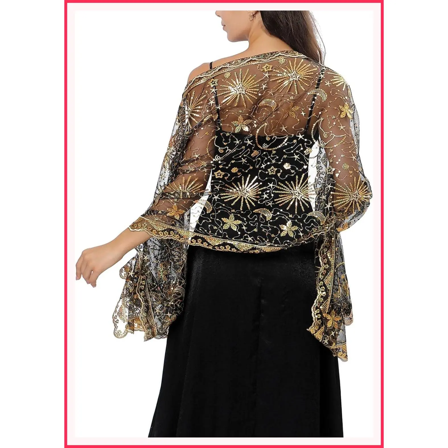 Sparkly Sequin Mesh Shawl with Stars and Moons for Women Evening Dress
