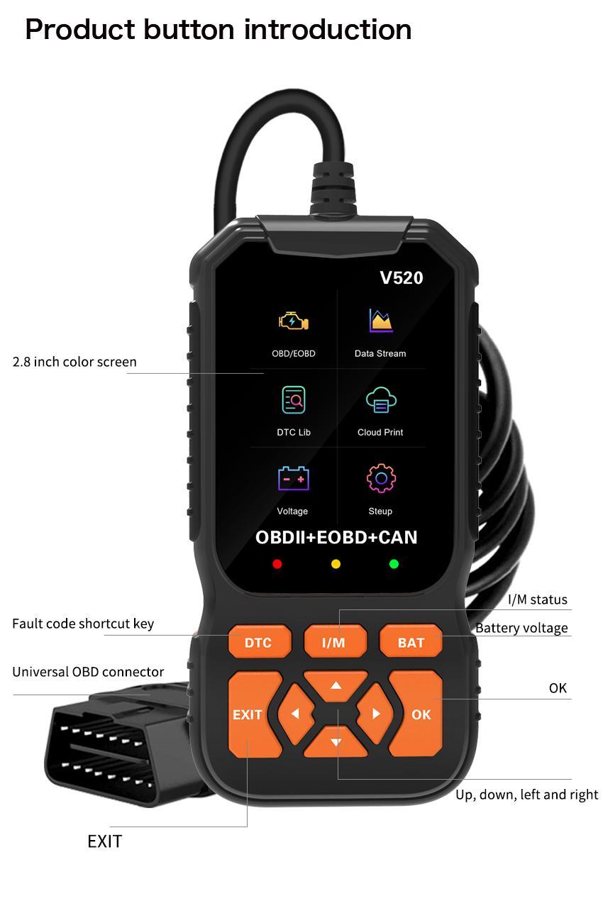 Multilingual automotive OBD2 scanner code reader, professional V520 diagnostic tool, real-time data OBD2 fault detector
