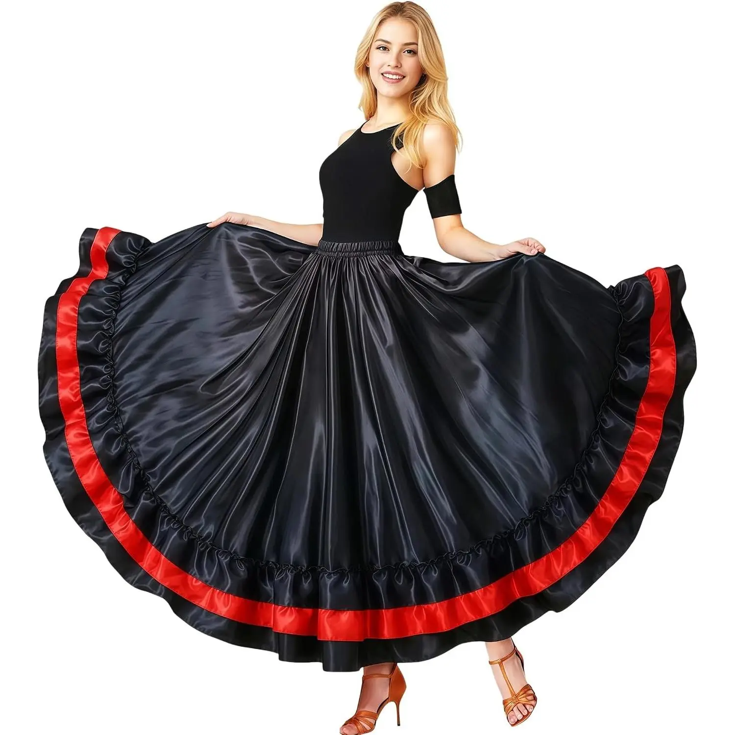 Women's Long Satin Dance Skirt for Flamenco, Belly Dance, Spanish Folk & Halloween Costume(Gift)