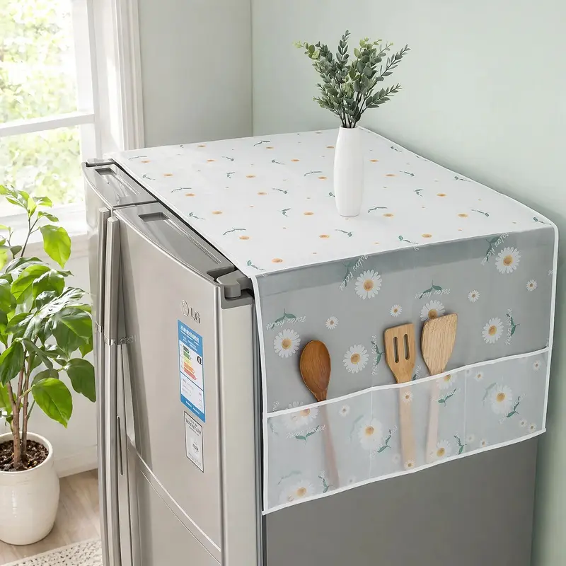 Daisy Print Refrigerator Dust Cover with Storage Pockets Multi Functional Waterproof Fridge Top Protector Household Kitchen Appliance Dust Proof Cover 1 Pack