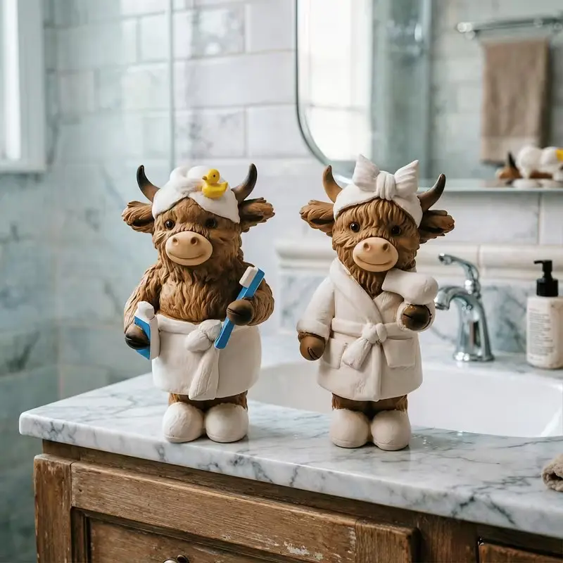 2pcs Bathing Highland Cow Resin Figurines, Cute Spa Calf Statues for Home Decor with Toothbrush & Hairdryer, Whimsical Bathroom Sink Vanity Desktop Decor Gift