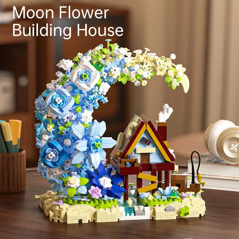 Moonflower Wooden House Building Blocks, Dreamy DIY Assembly Model, Romantic Gift for Women, Stress Relief, Birthday, Valentine's Day, Christmas