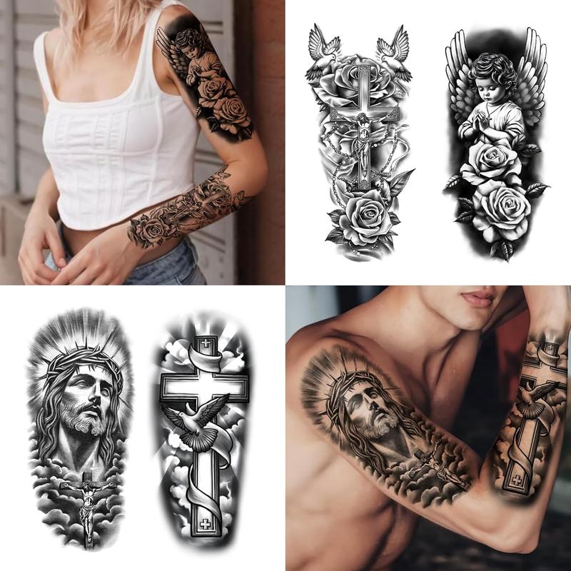 77 Sheets Christian Cross Temporary Tattoo for Women Men, 17 Sheets Half Arm Large Religious Jesus God Fake Tattoos, 60 Sheets Angels Black Christ Tiny for Adult Kids Body Tattoos Stickers Realistic