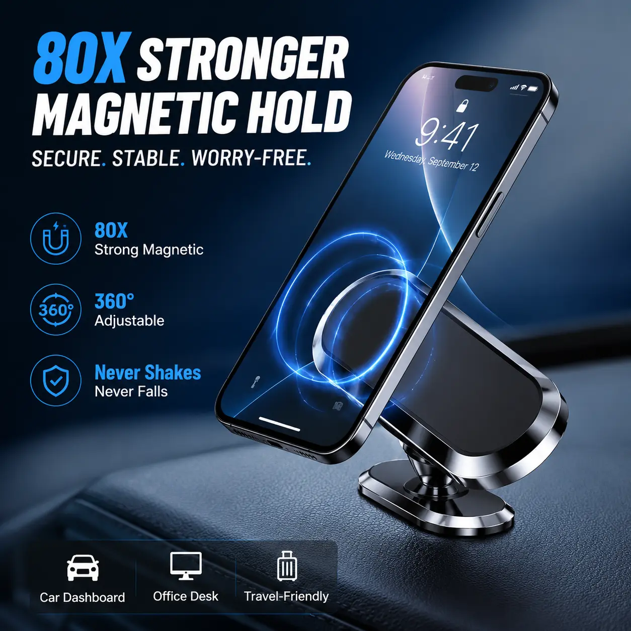 3PCS Magnetic Car Phone & Tablet Mount, Universal Suction Cup Holder 360° Adjustable Rotation, Compatible with iPad for In-Car Secondary Screen, Car Navigation Support-YY2