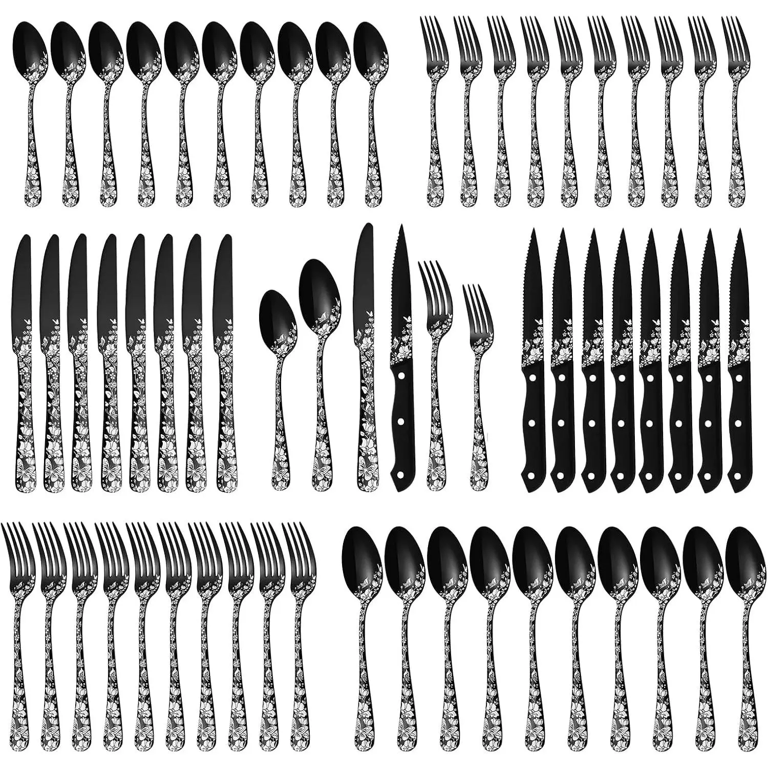 48- Black Silverware Set with Steak , Stainless Steel Cutlery Flatware Set for 8, Utensil Sets Include Forks Spoons and  for  Kitchen, Mirror Polished, Dishwasher Safe