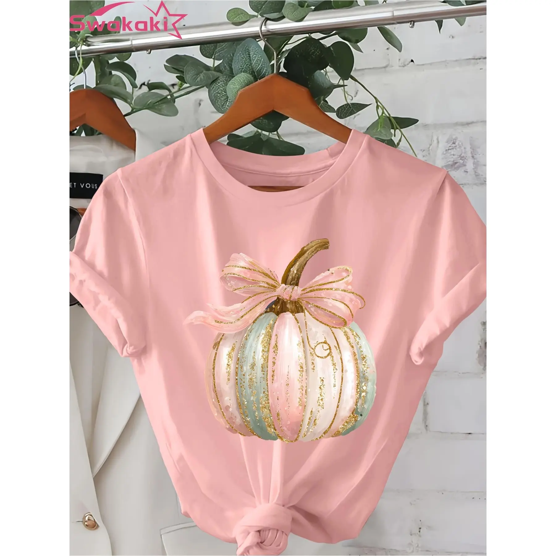 Women's Pink & Blue Glitter Pumpkin T-Shirt - Short Sleeve Crew Neck Casual Top, Lightweight Spring Summer Fall Outfits Suitable for Casual Wear, Machine Washable Comfortable Style for Year-Round Fashion