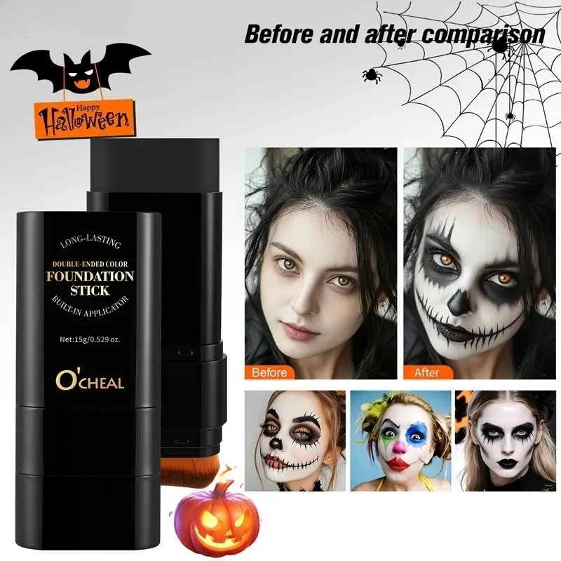 Double-End Foundation Stick with Applicator Brush, Long Lasting Wear, Lightweight & Smooth, Easy Blending, Halloween Body Face Makeup Cream for Cosplay